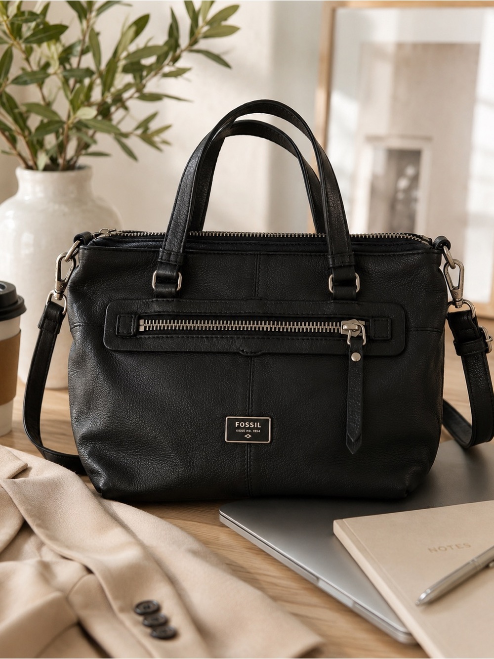Fossil Black Leather Shoulder Bag with Silver Hardware